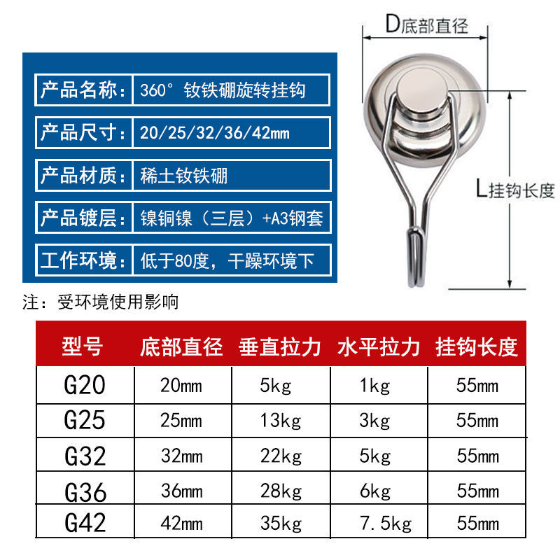 磁铁强磁挂钩旋转吸铁石挂钩强磁360度可旋O转磁力挂钩超强力磁铁