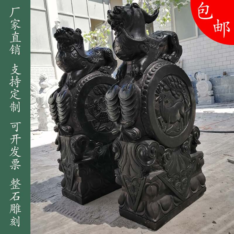 青石门墩报鼓石狮子一对家用镇宅麒麟门当石貔貅门枕石墩门口摆件