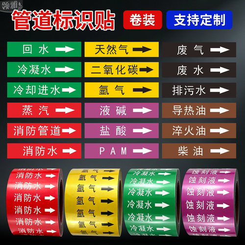 管道标识贴定制卷装工业管道色环箭头标识管道贴标志牌防水防油耐磨多色可选支持定制