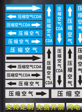 国标压缩空气管道标识贴纸介质流向蓝色灰底黑字医院工地工业气体空调管道自来水回水管道标识标志贴纸定制