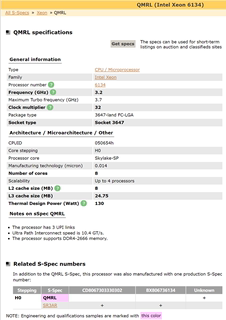 Intel Xeon Gold 6134 正显 QS QMRL 8C 3.2GHz 3.7/3.7GHz