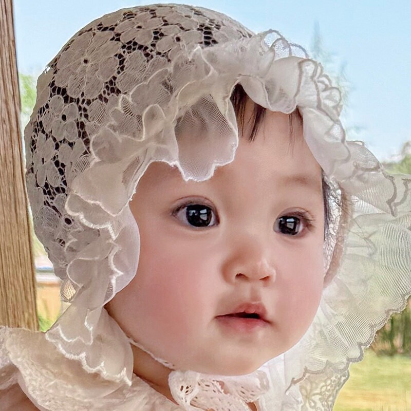 婴儿帽子春夏蕾丝帽可爱女宝宝套头帽春季宫廷帽白色洋气公主帽