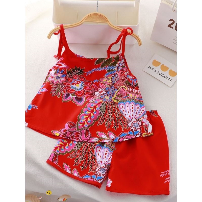 婴儿夏天衣服东北大花棉绸套装儿童睡衣家居服人造棉吊带背心宝宝