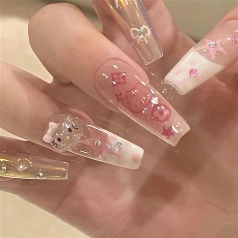 小孩穿戴甲长手工儿童穿戴甲hellokitty美甲卡通可爱穿戴指甲长梯