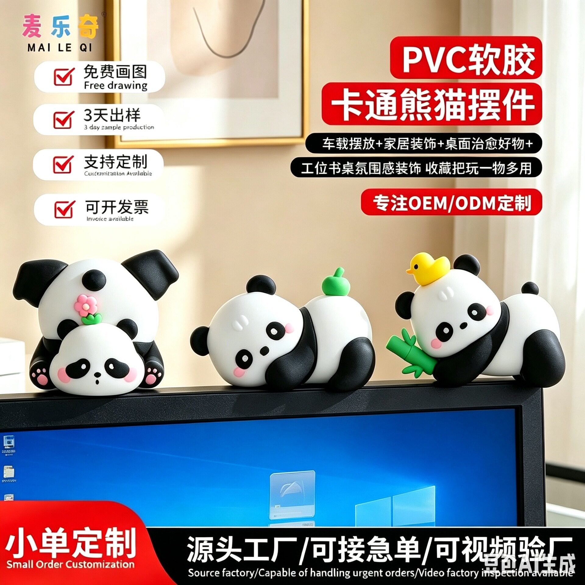 小熊猫桌面摆件卡通治愈系熊猫公仔工位电脑小家居装饰现货批发