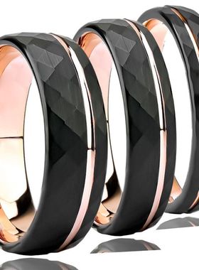 戒指对戒欧美热销男女钨钢代一件玫瑰钨金金和菱形双色黑色砂面