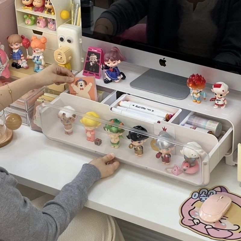 办公室显示器电脑增高架桌面盲盒展示盒工位神器抽拉式手办收纳盒