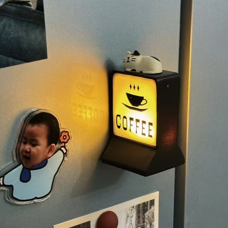 复古猫咪咖啡机装饰coffee小夜灯桌面摆件磁吸冰箱贴氛围感礼物