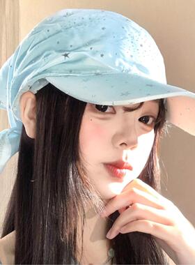 蓝色满天星绑带头巾帽子女夏季小众时髦辣妹鸭舌帽显脸小棒球帽子