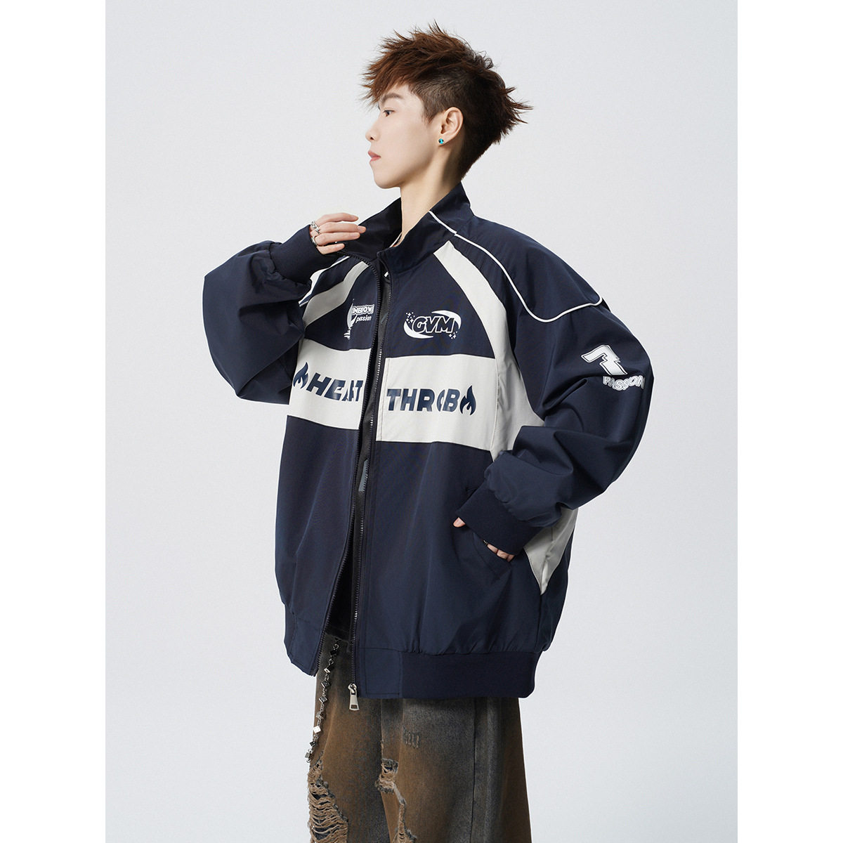 美式拼色印花立领夹克男春装加肥加大码潮胖人宽松痞帅机车服外套