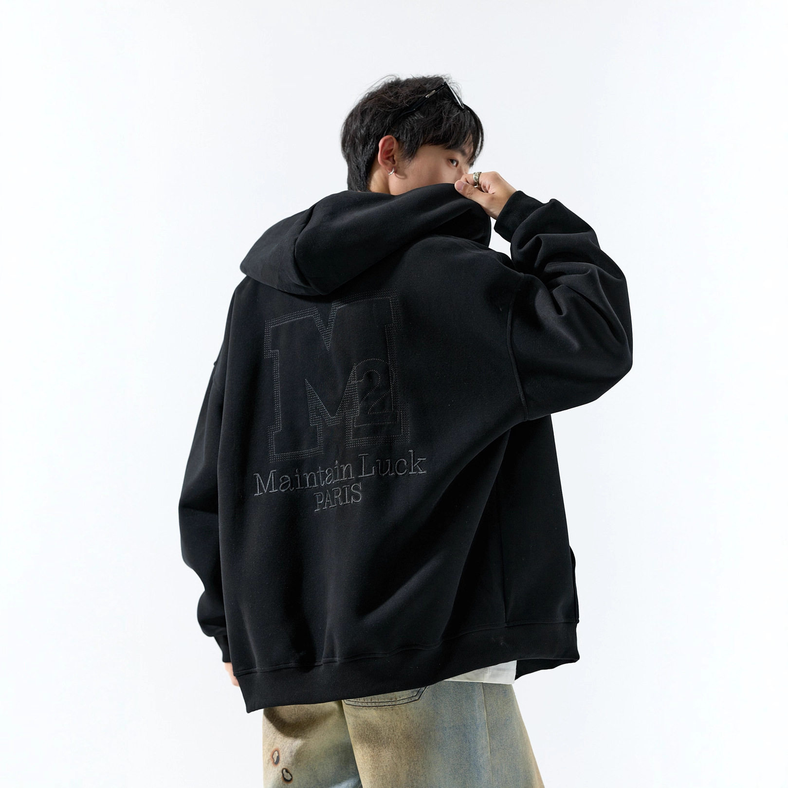 2025冬季简约字母刺绣开衫连帽卫衣潮流时尚宽松慵懒显瘦休闲男装