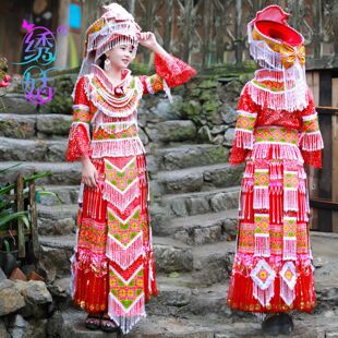 新款苗族服装女少数民族风云南文山蒙自马关秋冬款长款帽子全套装