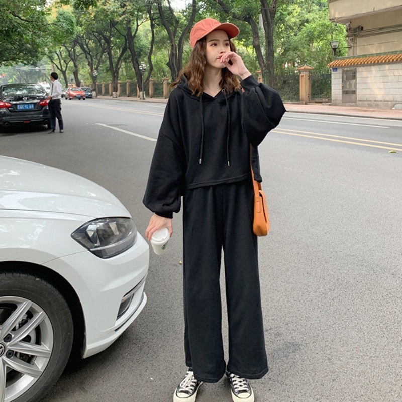 运动休闲套装女2025春秋韩版连帽长袖卫衣宽松阔腿长裤时尚两件套