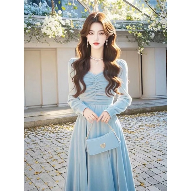 春秋轻奢气质长裙女2025新款爆款高级感小香风蓝色丝绒连衣裙百搭,女装/女士精品,连衣裙,淘宝优惠券,粉丝福利购,淘宝优惠卷