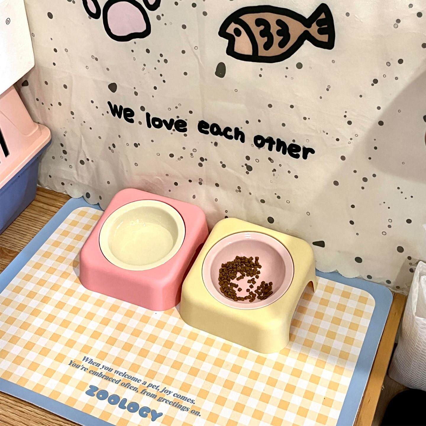马卡龙色系猫碗猫食盆宠物慢食碗带倾斜碗架高颜值陶瓷狗狗喝水碗