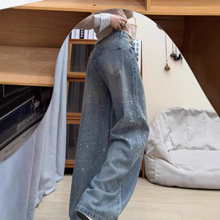 满天星烫钻牛仔裤女冬季加绒亮闪闪裤子显瘦阔腿裤胖mm大码直筒裤