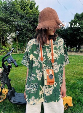 2023年夏季新款港风酷痞风绿色夏威夷印花衬衫宽松复古设计感上衣