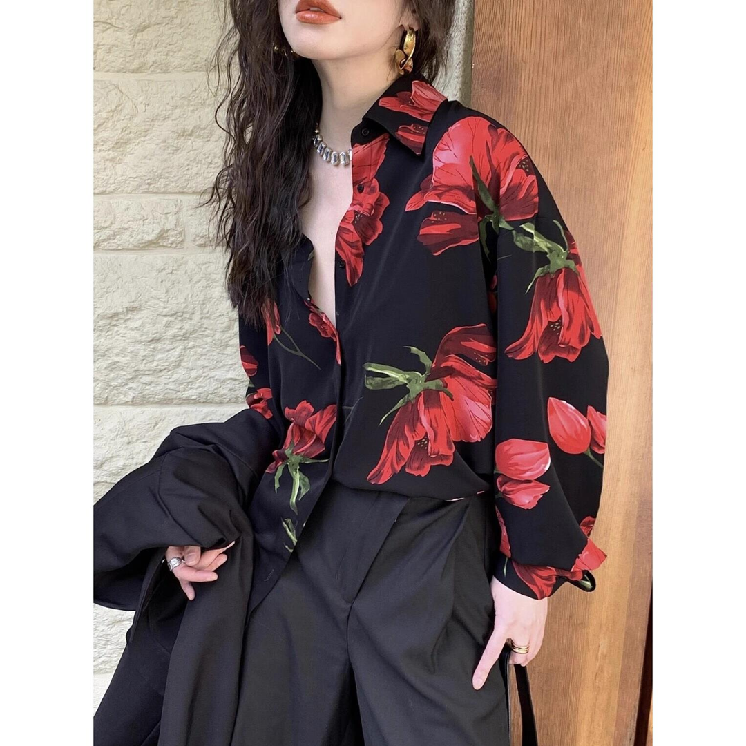 2024春秋新款气质复古港味风风情万种大花chic薄款外套长袖衬衫女