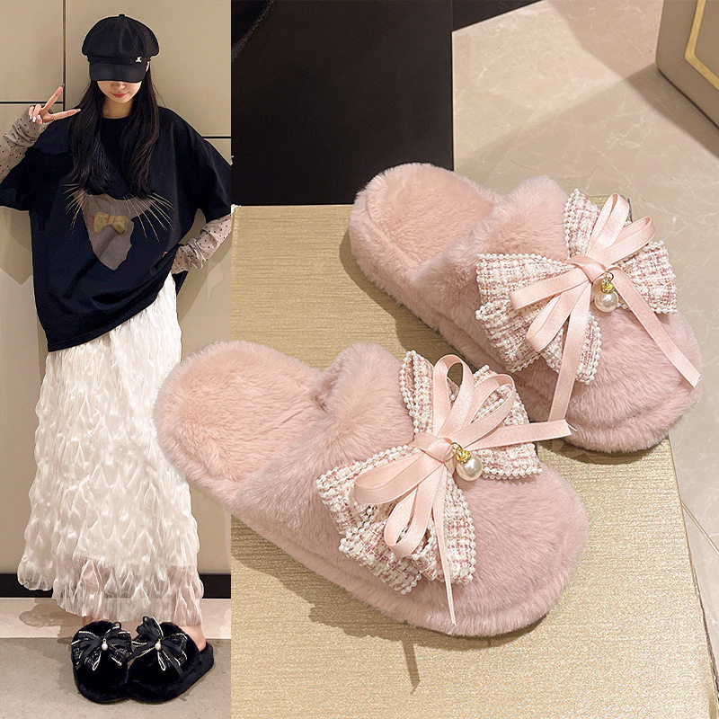 小香风珍珠蝴蝶结毛绒拖鞋女秋冬居家保暖休闲拖鞋防滑毛毛拖鞋