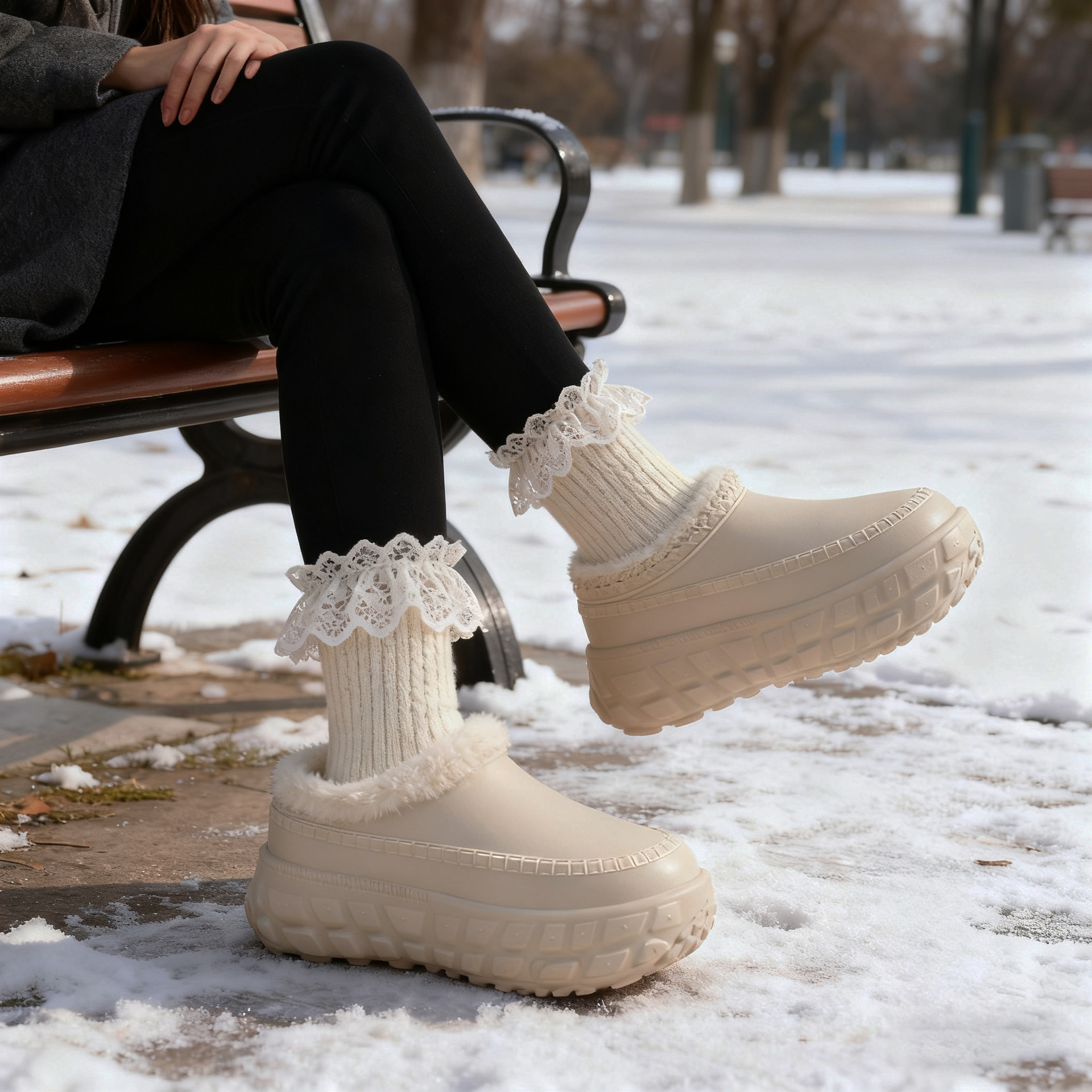 一件代发秋冬款棉鞋女轮胎底厚底耐磨棉拖鞋加绒防滑增高毛毛鞋男