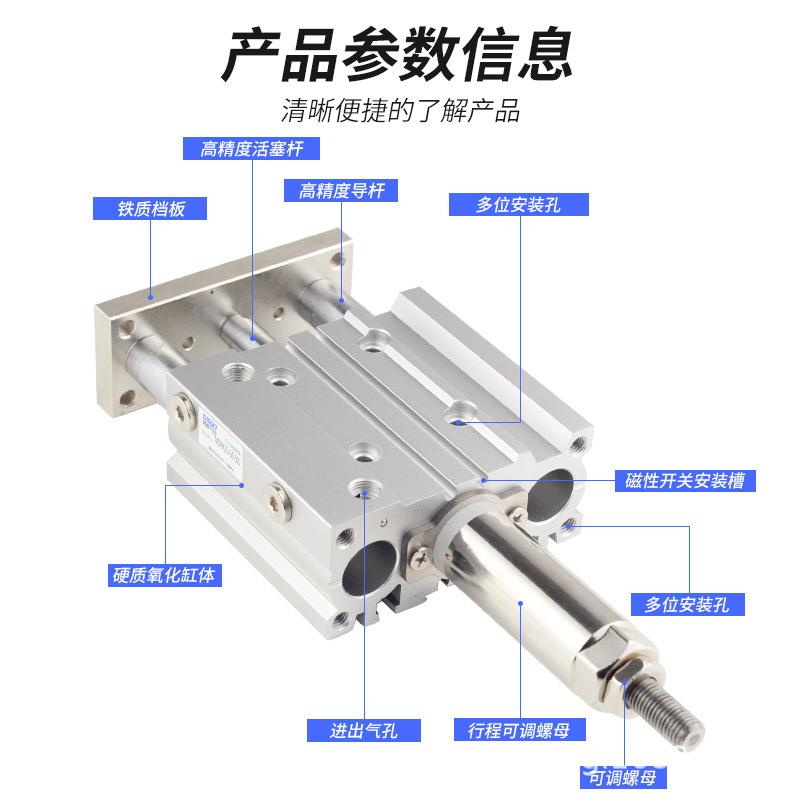 MGPM气动三杆三轴行程可调节气缸TCMJ12/16/20/25/32/40-10/20/30