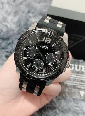 代购正品Guess手表男时尚运动黑色硅胶三眼欧美风石英腕表U0366G