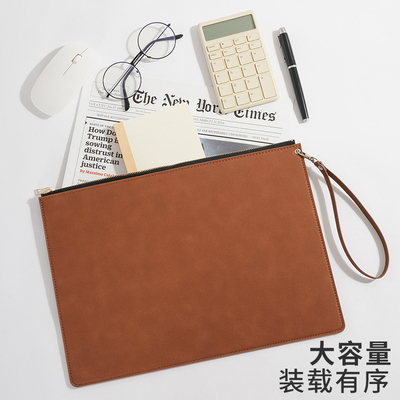 商务A4羊巴皮质拉链文件袋档案袋文件夹文件包加厚资料公文袋办公会议合同票据收纳袋便携大容量定制可印logo