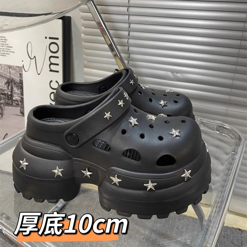 超火不累脚黑色洞洞鞋女款外穿