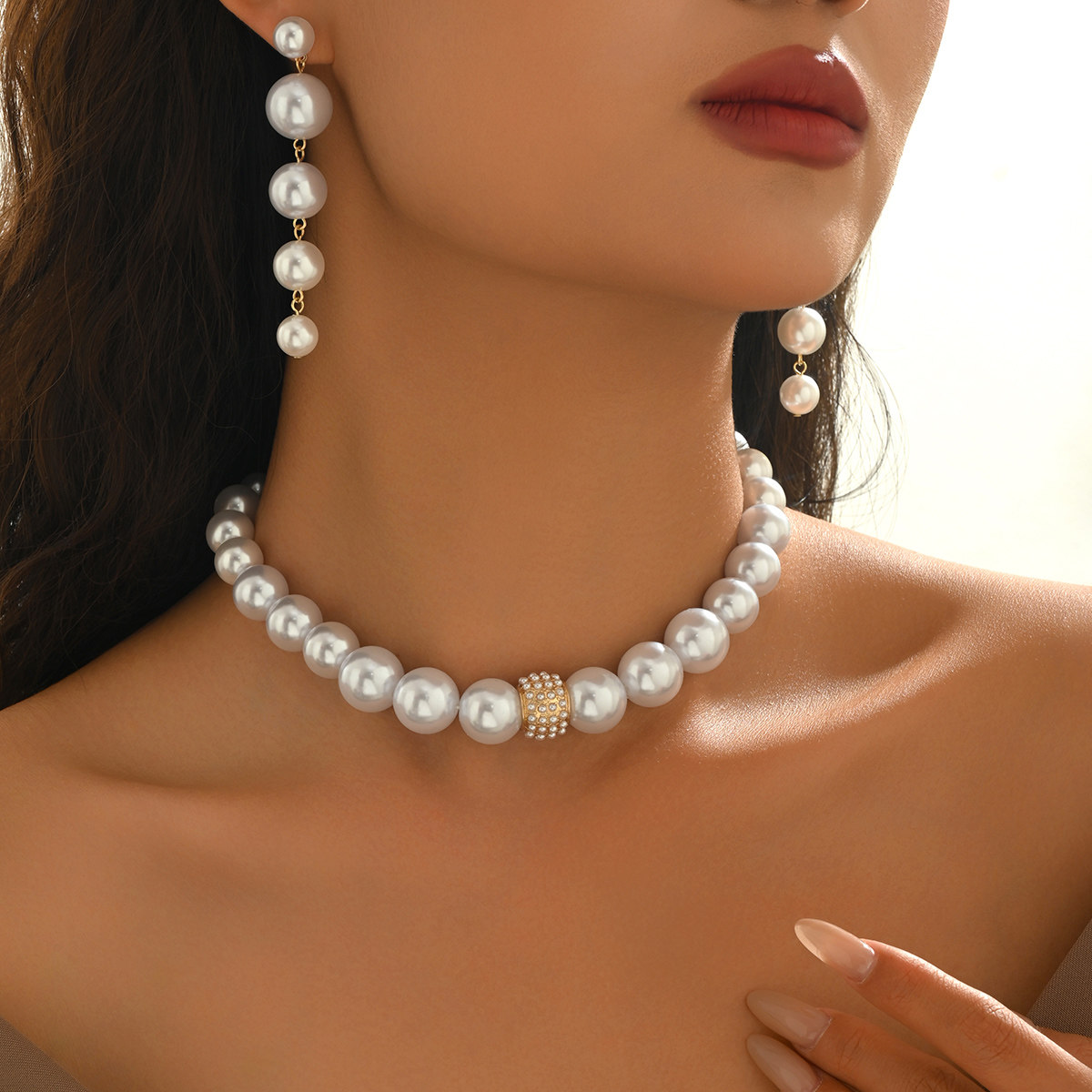 欧美跨境时尚优雅仿珍珠首饰套装女配饰项链耳环珠宝情人节礼物