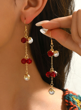 时尚红色亚克力米珠仿珍珠流苏耳坠时尚森林少女系耳环ins风耳饰