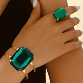 欧美跨境货源夸张红宝石祖母绿手镯戒指套装 女小众设计感首饰套装