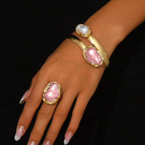 欧美跨境货源时尚个性夸张不规则异形仿珍珠戒指开口手镯套装女