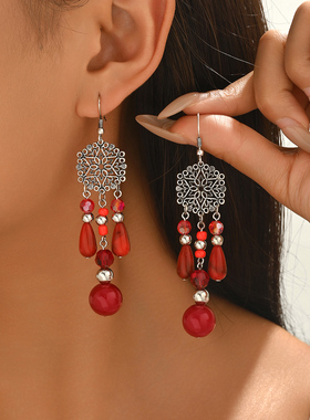 欧美跨境长款新中式民族风流苏耳环复古红色串珠吊坠气质耳饰女