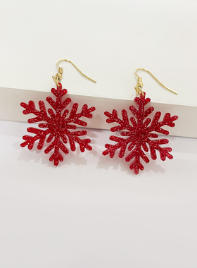 亚克力雪花亮片红色耳坠闪耀冬季雪绒花女士耳环圣诞节气质装饰
