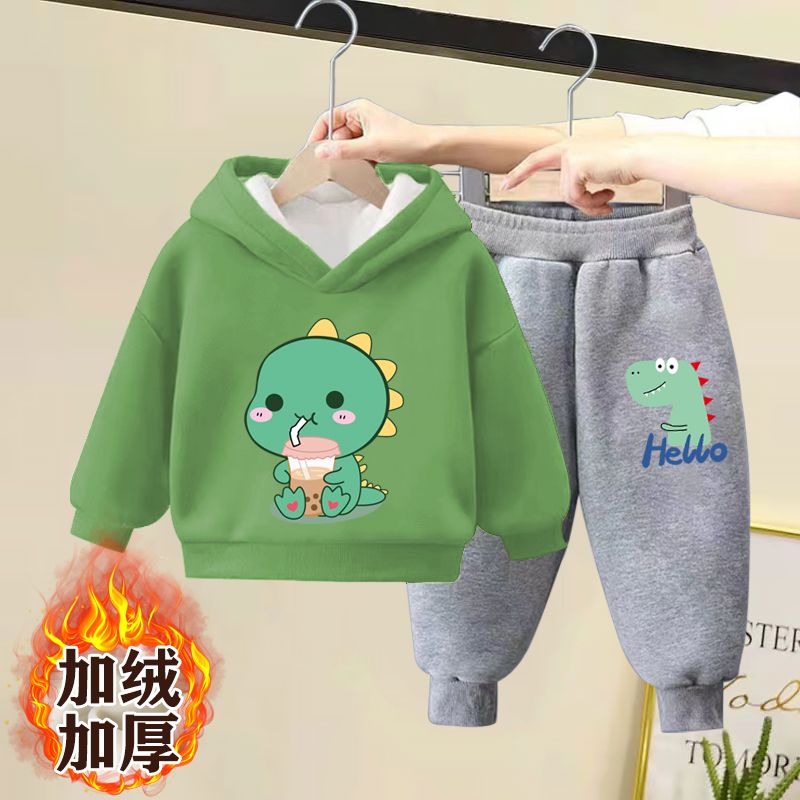 男女童加绒套装秋冬装新款洋气休闲网红儿童加厚连帽卫衣两件套潮