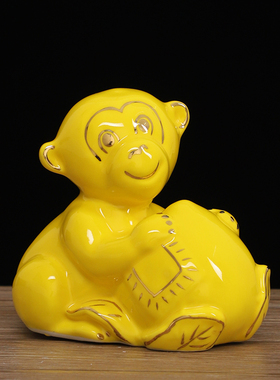 黄色陶瓷猴子摆件十二生肖风水补角镇宅招财摆设吉祥物小猴子瓷器