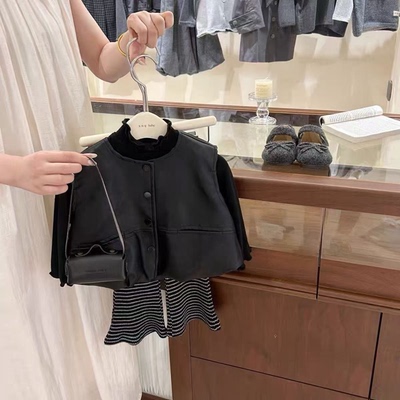 【现货】韩版儿童洋气皮马甲套装2025秋装新款女童PU皮外套三件套