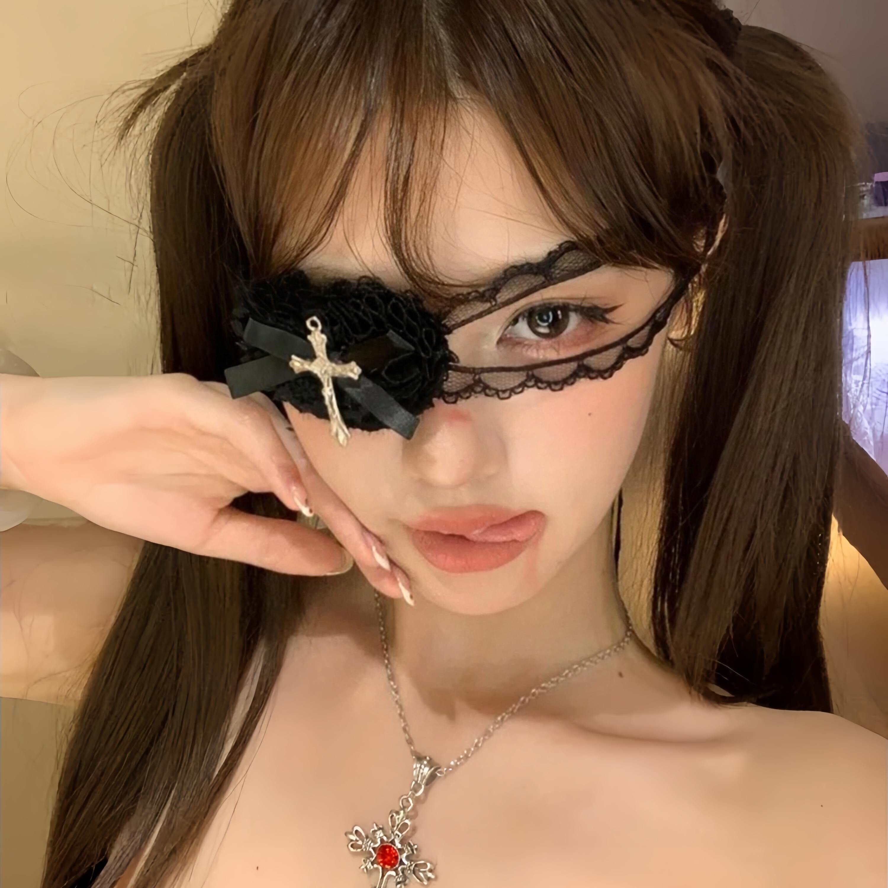 真丝眼罩哥特白色蕾丝爱心眼罩朋克甜酷万圣节装饰暗黑十字架拍照