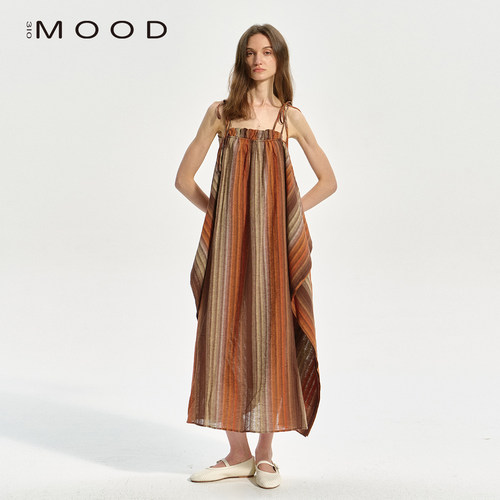 310MOOD亚麻条纹不规则连衣裙