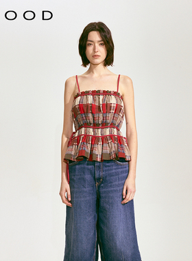 310MOOD红色2025春夏新款纯棉复古宽松系带拼接格纹吊带上衣女