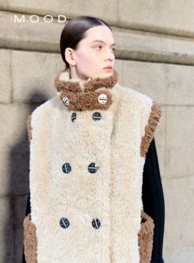 310MOOD时髦拼接设计新款泰迪熊街头机车马甲上衣冬季加厚外穿女