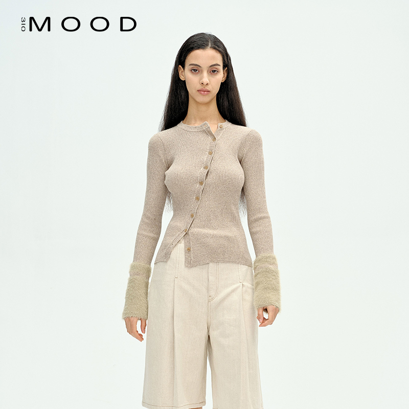 斜门襟毛毛袖开衫设计感长袖上衣