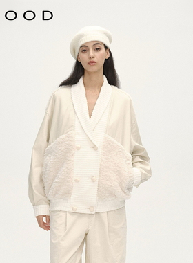 310MOOD青果领拼接泰迪外套2025冬季新款休闲时尚宽松毛绒上衣女