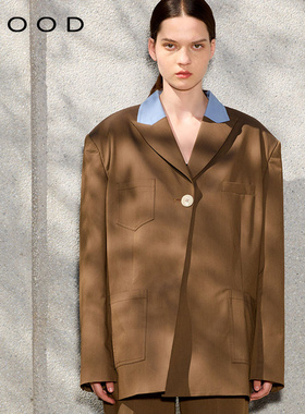 310MOOD拼接廓形长袖西装宽肩H型撞色拼接衣领气质设计感外套上衣