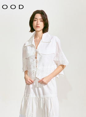 310MOOD简约2025春夏新款宽松翻领镂空绣花拼接系带上衣白衬衫女
