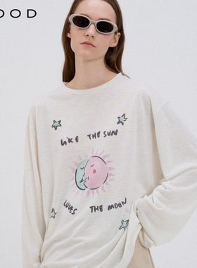 310MOOD新款胶囊系列艺术家甜美风太阳月亮小天使亚麻长袖T恤上衣