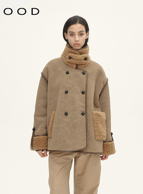 310MOOD翻领复古高级感2025冬季新款经典暖棕拼接机车熊外套上衣