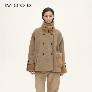 310MOOD翻领复古高级感2025冬季新款经典暖棕拼接机车熊外套上衣