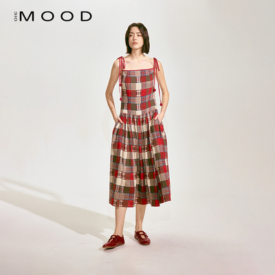 310MOOD拼接格纹吊带连衣裙