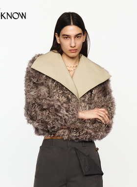 jacques wei X LOOKNOW2026春季新款灰色羊卷毛风衣领皮草外套